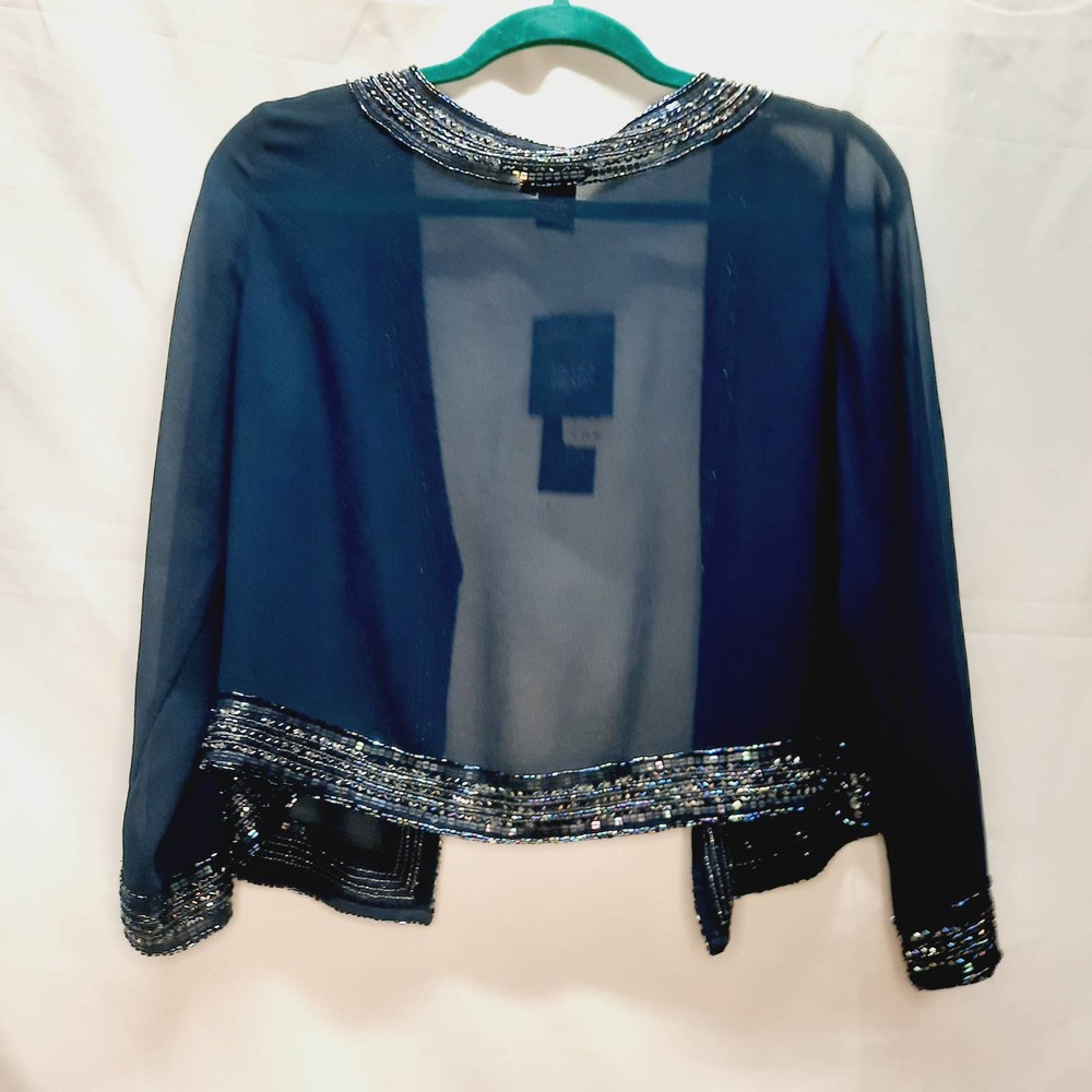 NWT Jkarta Sheer Navy Blue  Iridescent Hand Beaded Open Cardigan Shrug 14